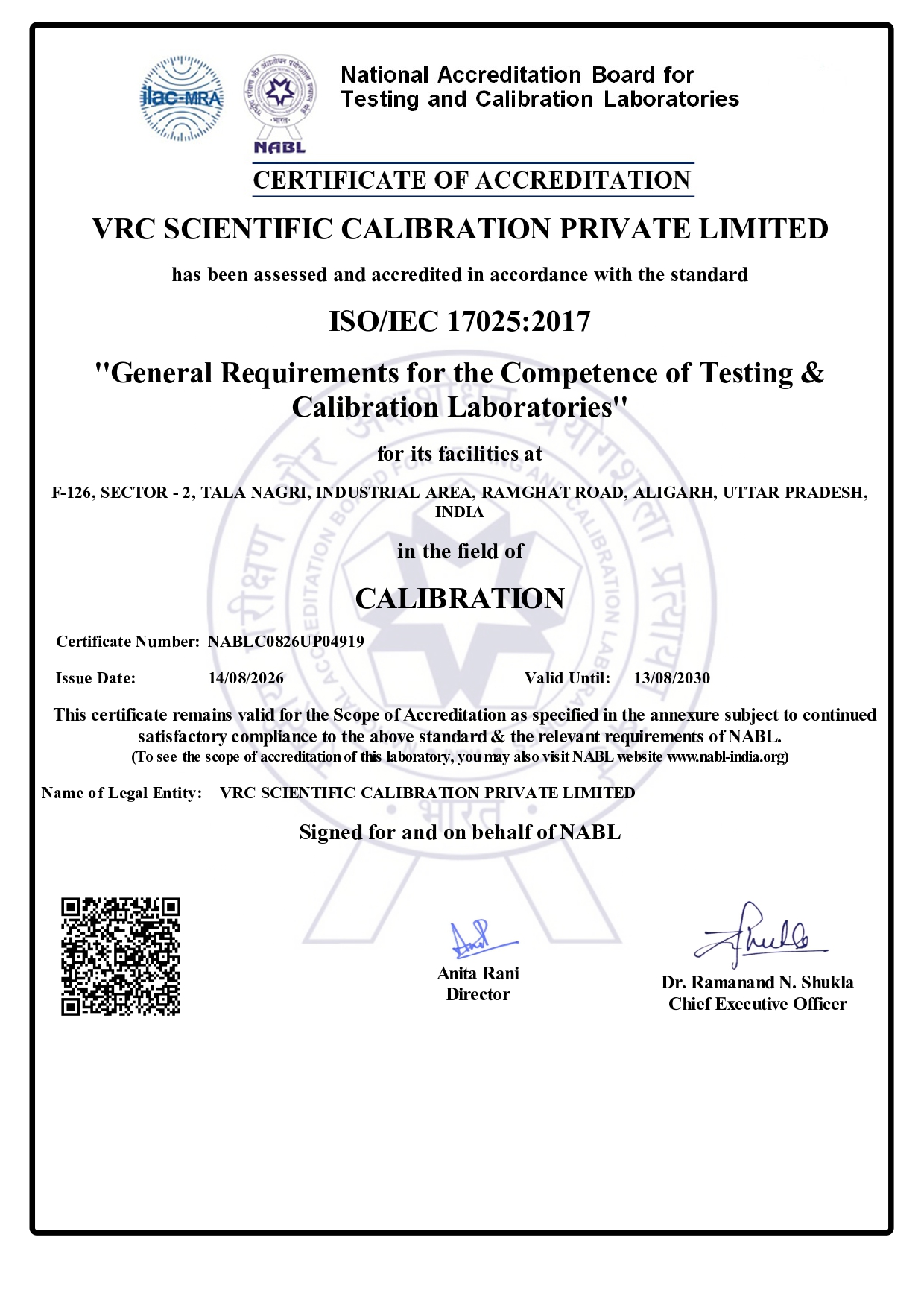VRC Scientific Calibration Accreditation Certificate